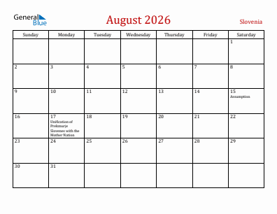 Current month calendar with Slovenia holidays for August 2026