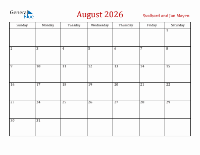Current month calendar with Svalbard and Jan Mayen holidays for August 2026