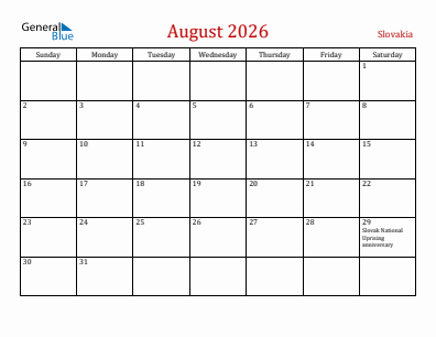 Current month calendar with Slovakia holidays for August 2026