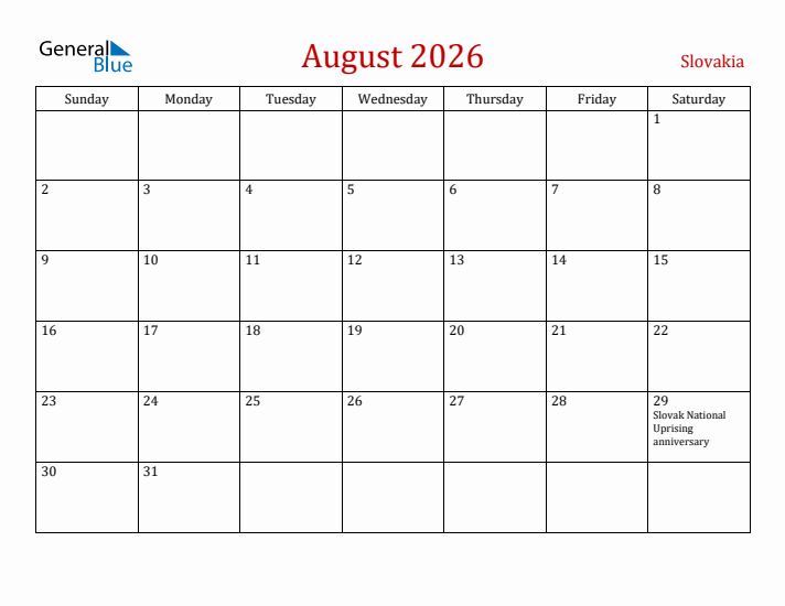Slovakia August 2026 Calendar - Sunday Start