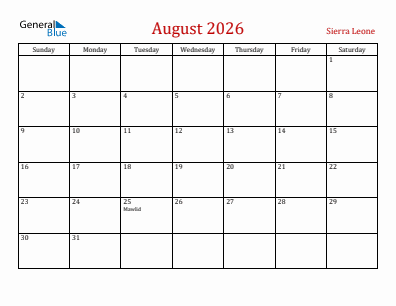 Current month calendar with Sierra Leone holidays for August 2026