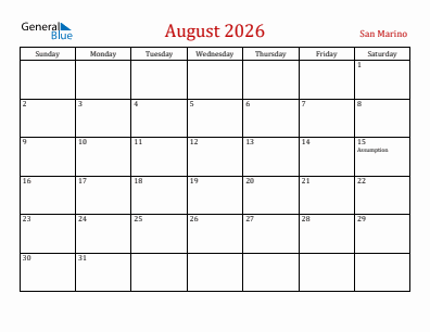Current month calendar with San Marino holidays for August 2026