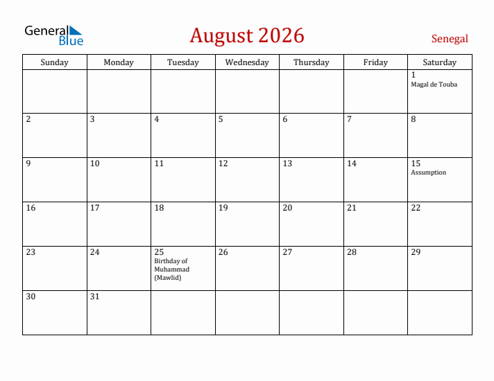Senegal August 2026 Calendar - Sunday Start