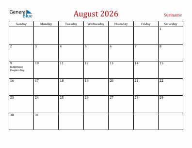 Current month calendar with Suriname holidays for August 2026