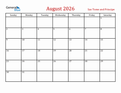 Current month calendar with Sao Tome and Principe holidays for August 2026