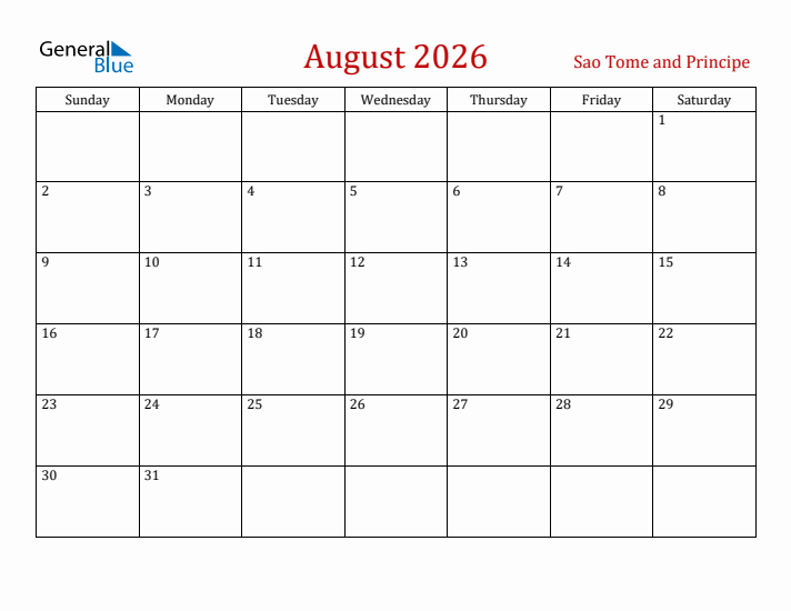 Sao Tome and Principe August 2026 Calendar - Sunday Start