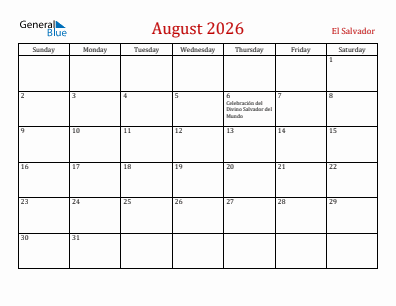 Current month calendar with El Salvador holidays for August 2026