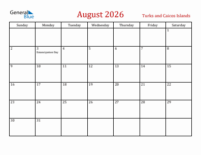 Current month calendar with Turks and Caicos Islands holidays for August 2026