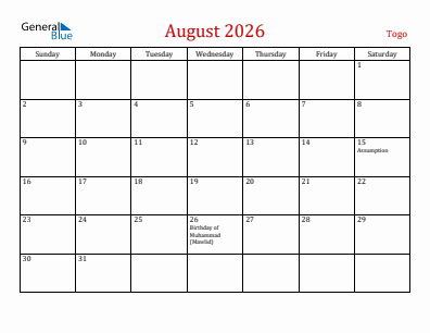 Current month calendar with Togo holidays for August 2026