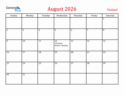 Current month calendar with Thailand holidays for August 2026