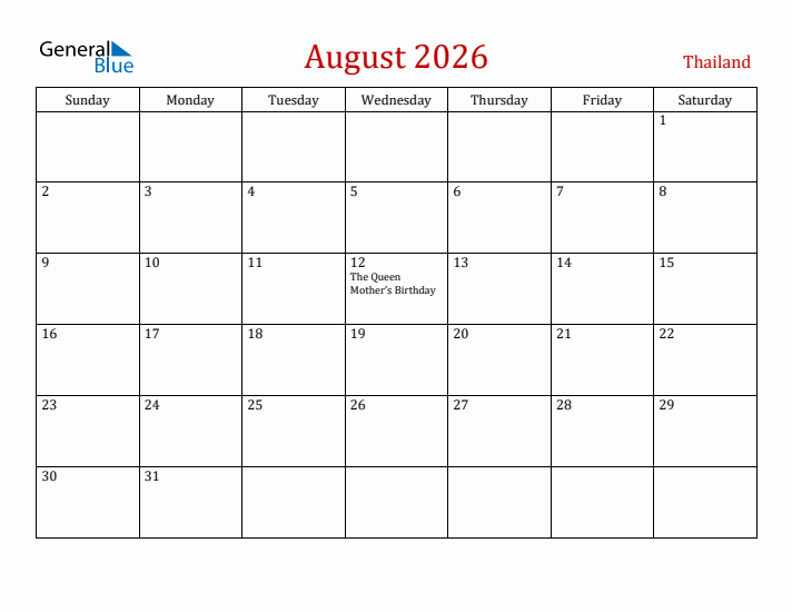 Thailand August 2026 Calendar - Sunday Start