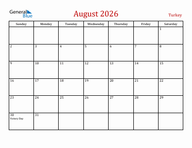 Current month calendar with Turkey holidays for August 2026