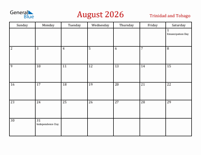 Current month calendar with Trinidad and Tobago holidays for August 2026