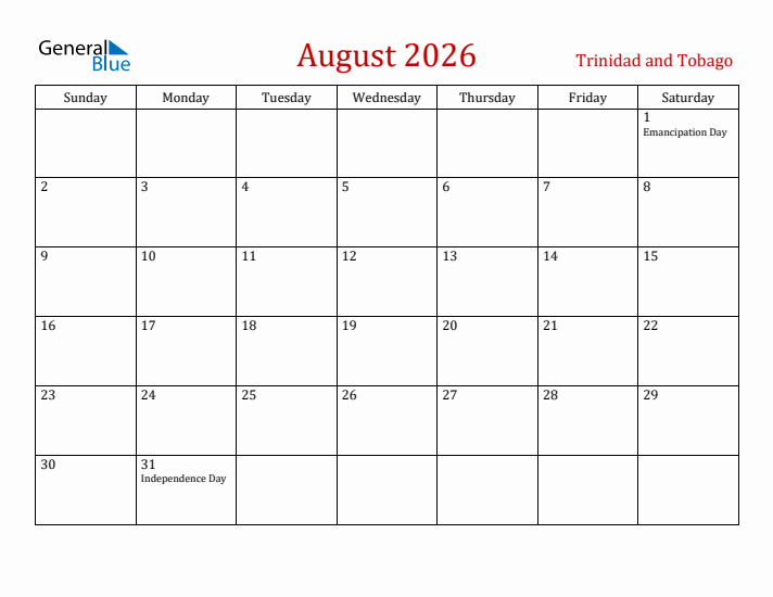 Trinidad and Tobago August 2026 Calendar - Sunday Start