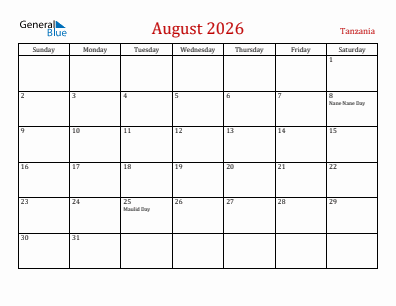Current month calendar with Tanzania holidays for August 2026