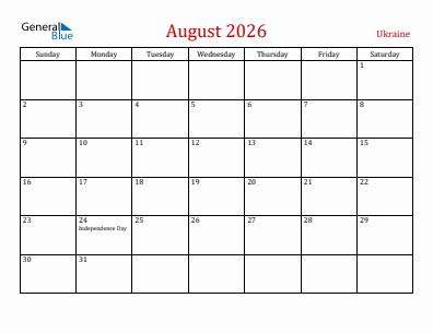 Current month calendar with Ukraine holidays for August 2026