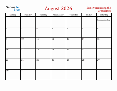 Current month calendar with Saint Vincent and the Grenadines holidays for August 2026