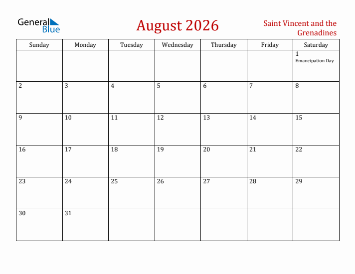 Saint Vincent and the Grenadines August 2026 Calendar - Sunday Start