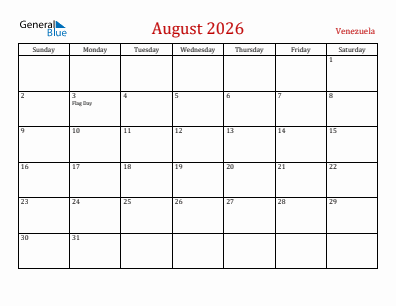 Current month calendar with Venezuela holidays for August 2026