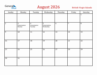 Current month calendar with British Virgin Islands holidays for August 2026