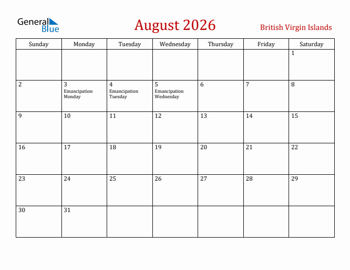 British Virgin Islands August 2026 Calendar - Sunday Start