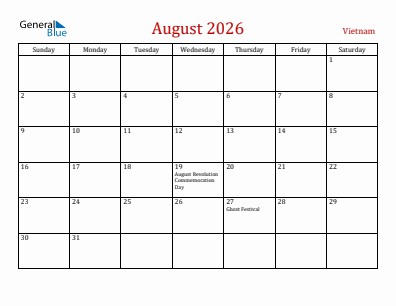 Current month calendar with Vietnam holidays for August 2026