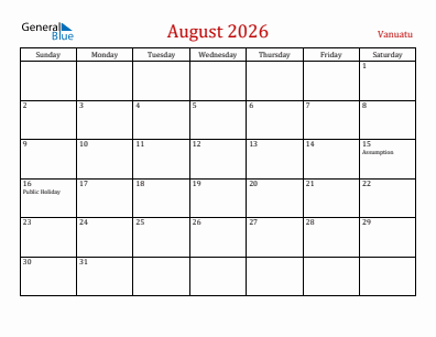 Current month calendar with Vanuatu holidays for August 2026