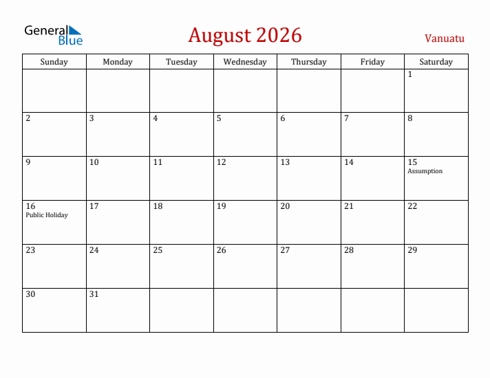 Vanuatu August 2026 Calendar - Sunday Start