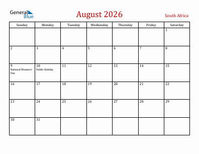 Current month calendar with South Africa holidays for August 2026