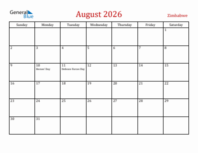 Current month calendar with Zimbabwe holidays for August 2026