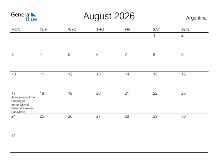 Printable August 2026 Calendar for Argentina