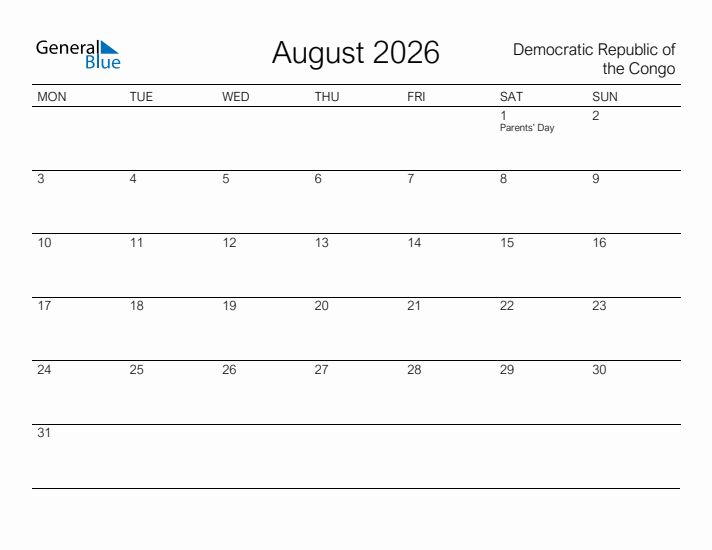 Printable August 2026 Calendar for Democratic Republic of the Congo