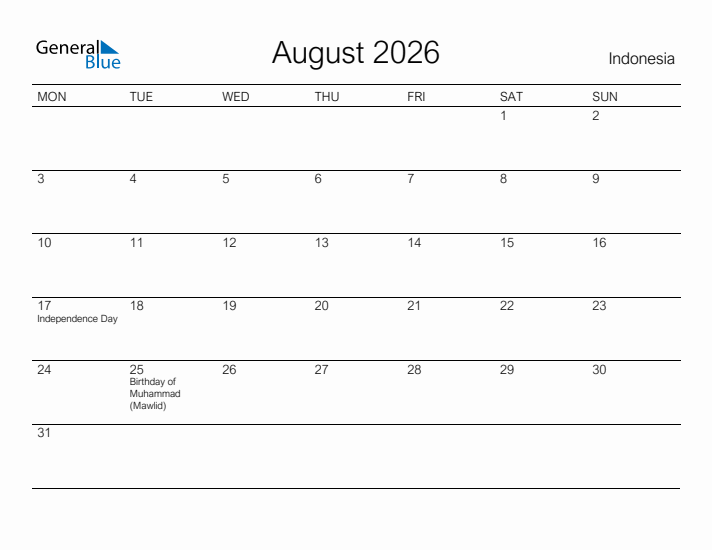 Printable August 2026 Calendar for Indonesia