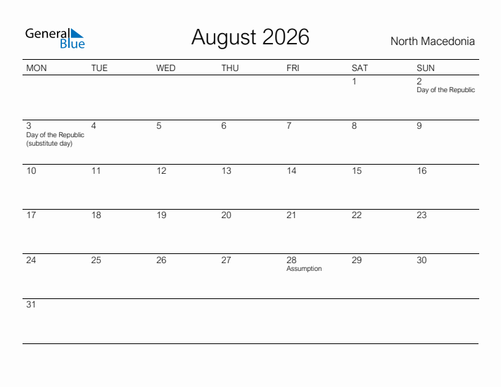 Printable August 2026 Calendar for North Macedonia