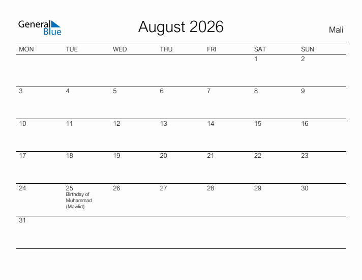 Printable August 2026 Calendar for Mali