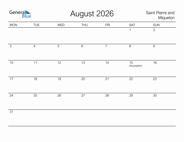Printable August 2026 Calendar for Saint Pierre and Miquelon