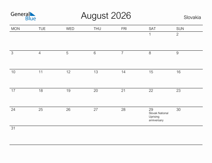 Printable August 2026 Calendar for Slovakia