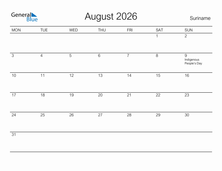 Printable August 2026 Calendar for Suriname