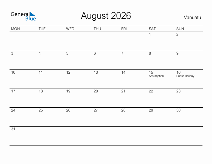 Printable August 2026 Calendar for Vanuatu
