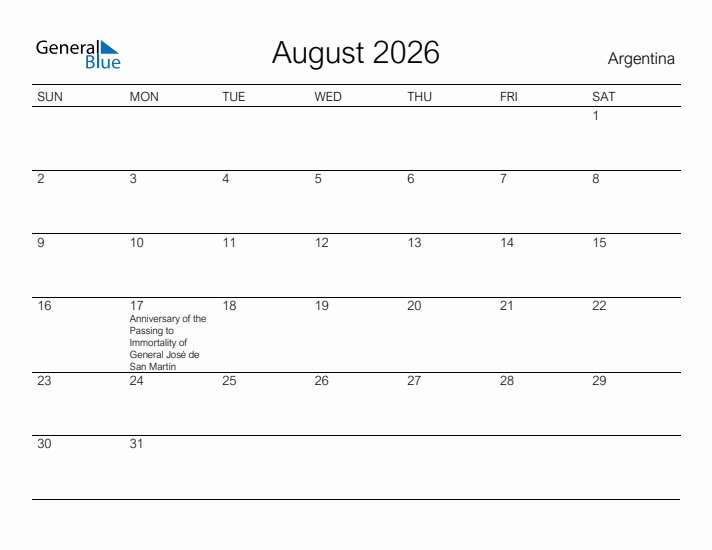 Printable August 2026 Calendar for Argentina