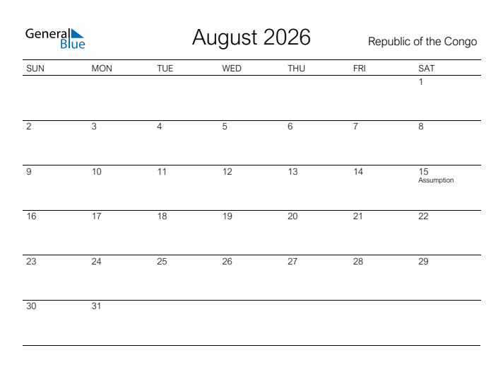 Printable August 2026 Calendar for Republic of the Congo
