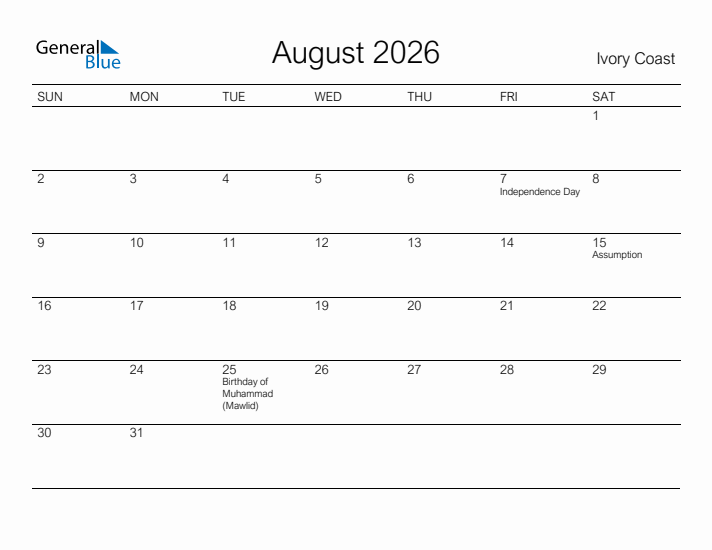 Printable August 2026 Calendar for Ivory Coast
