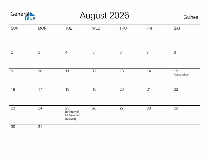 Printable August 2026 Calendar for Guinea