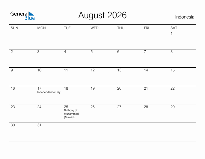 Printable August 2026 Calendar for Indonesia