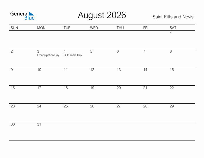 Printable August 2026 Calendar for Saint Kitts and Nevis