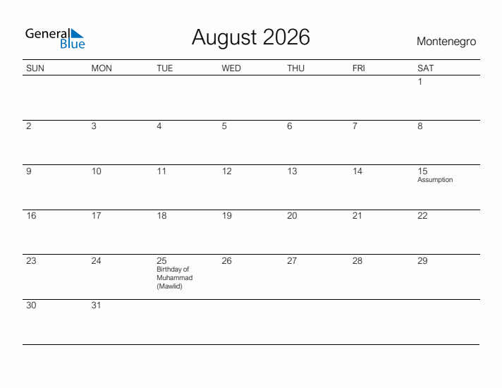 Printable August 2026 Calendar for Montenegro