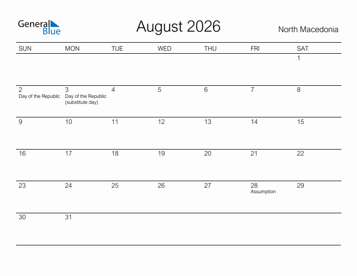 Printable August 2026 Calendar for North Macedonia