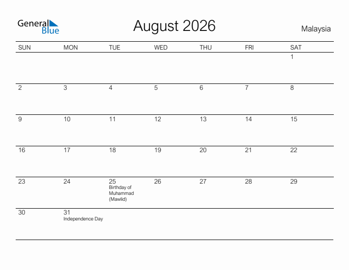 Printable August 2026 Calendar for Malaysia