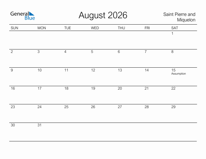 Printable August 2026 Calendar for Saint Pierre and Miquelon