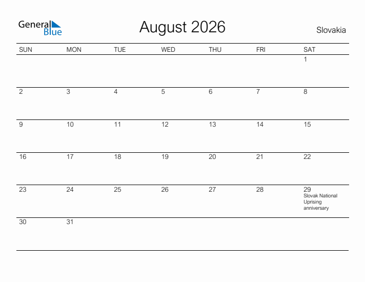 Printable August 2026 Calendar for Slovakia